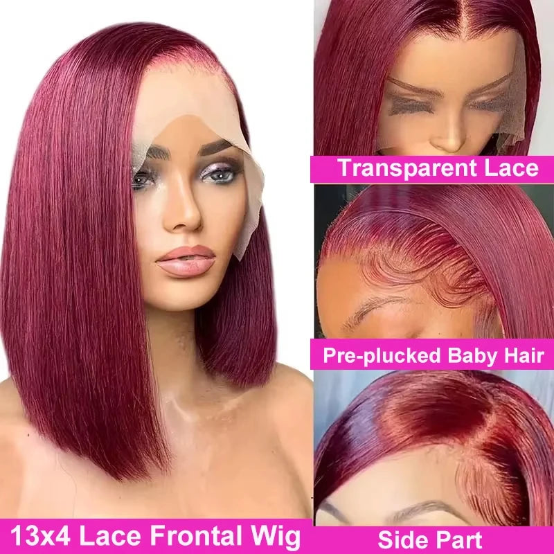 99J Burgundy Bob Wig 13x4 Lace Front, Pre-Plucking Straight Human Hair Transparent Lace  Short Bob Style Natural Short Hair Wig