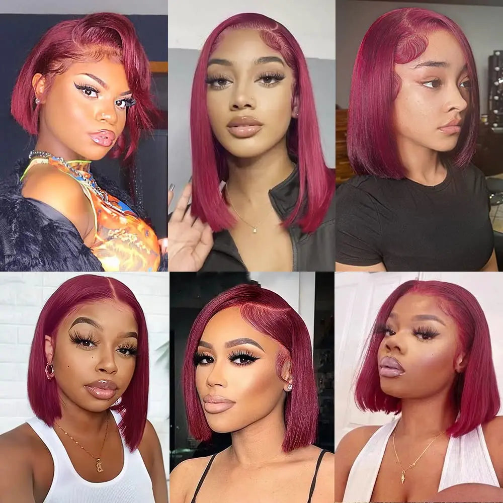 99J Burgundy Bob Wig 13x4 Lace Front, Pre-Plucking Straight Human Hair Transparent Lace  Short Bob Style Natural Short Hair Wig
