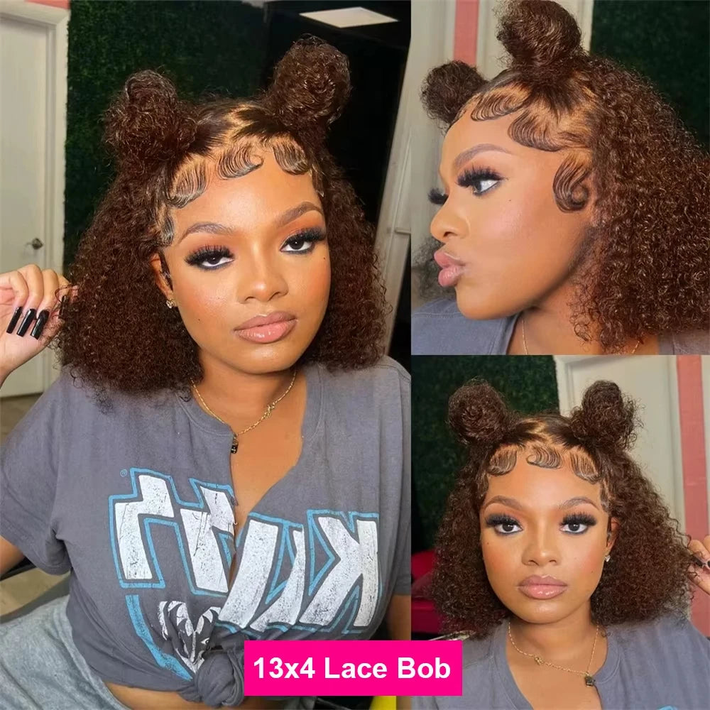 Brown Kinky Curly Short Bob Wig 13x4 Bob Wigs Brazilian Water Deep Wave Human Hair Wig Preplucked for Woman Short Pixie #4 Color