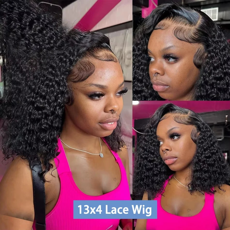 200% Short Bob Wig 13X4 Transparent Lace Front Wig Deep Water Wave Lace Frontal Human Hair for Women