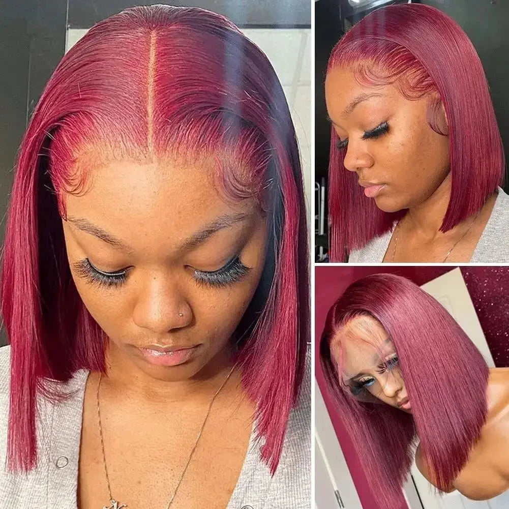 99J Burgundy Bob Wig 13x4 Lace Front, Pre-Plucking Straight Human Hair Transparent Lace  Short Bob Style Natural Short Hair Wig