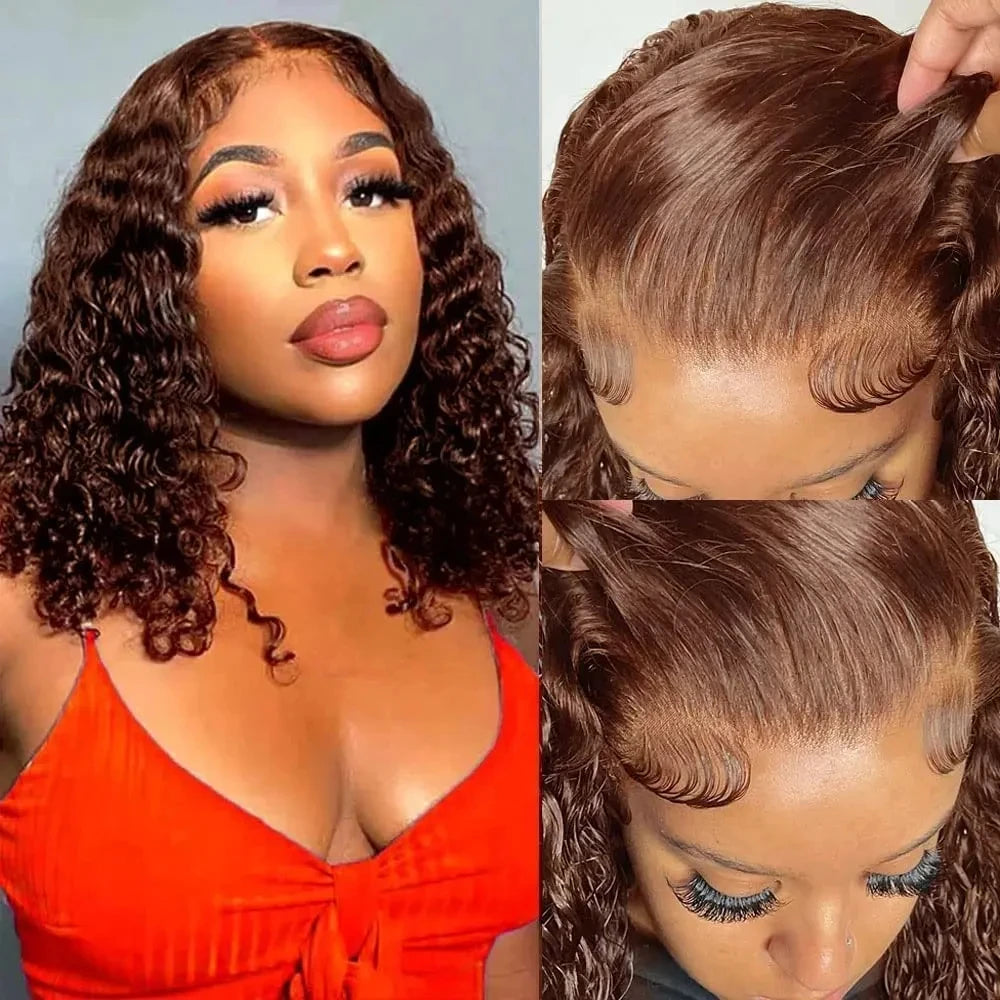 Brown Kinky Curly Short Bob Wig 13x4 Bob Wigs Brazilian Water Deep Wave Human Hair Wig Preplucked for Woman Short Pixie #4 Color