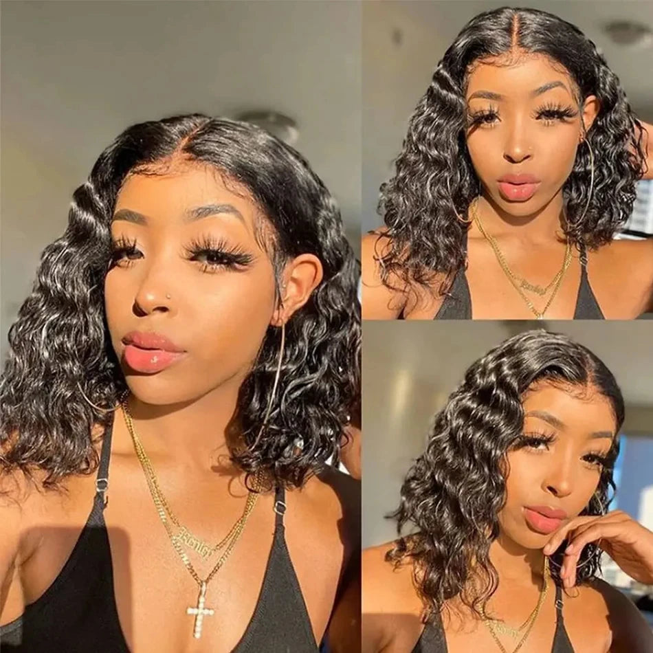 200% Short Bob Wig 13X4 Transparent Lace Front Wig Deep Water Wave Lace Frontal Human Hair for Women