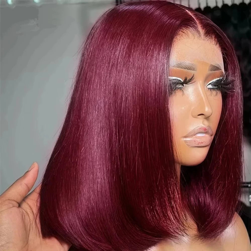 99J Burgundy Bob Wig 13x4 Lace Front, Pre-Plucking Straight Human Hair Transparent Lace  Short Bob Style Natural Short Hair Wig