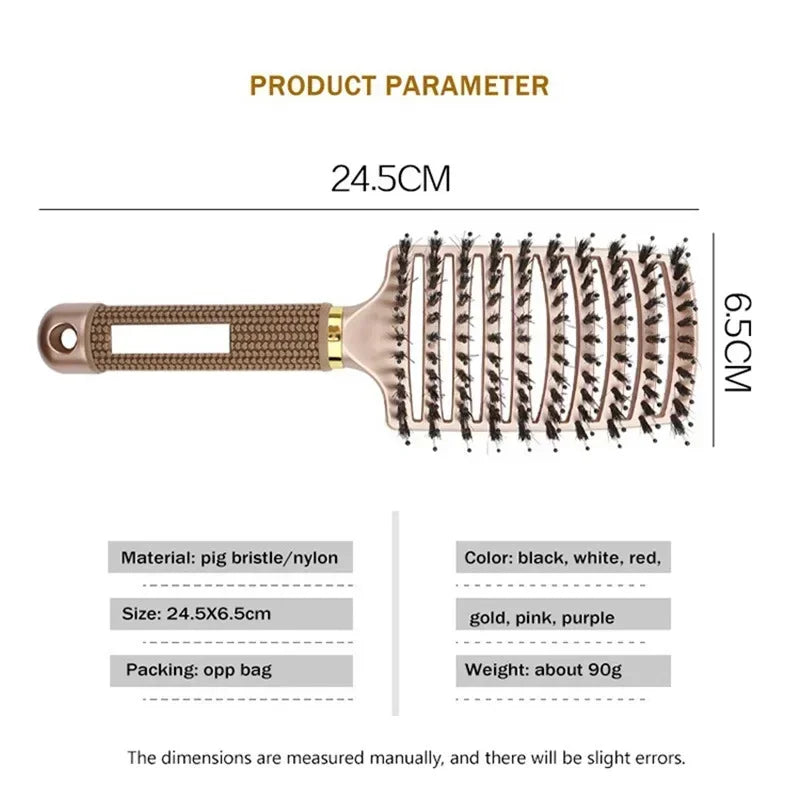 Boar Bristle Scalp Massage Hair Brush – Detangling Comb for Wet & Curly Hair